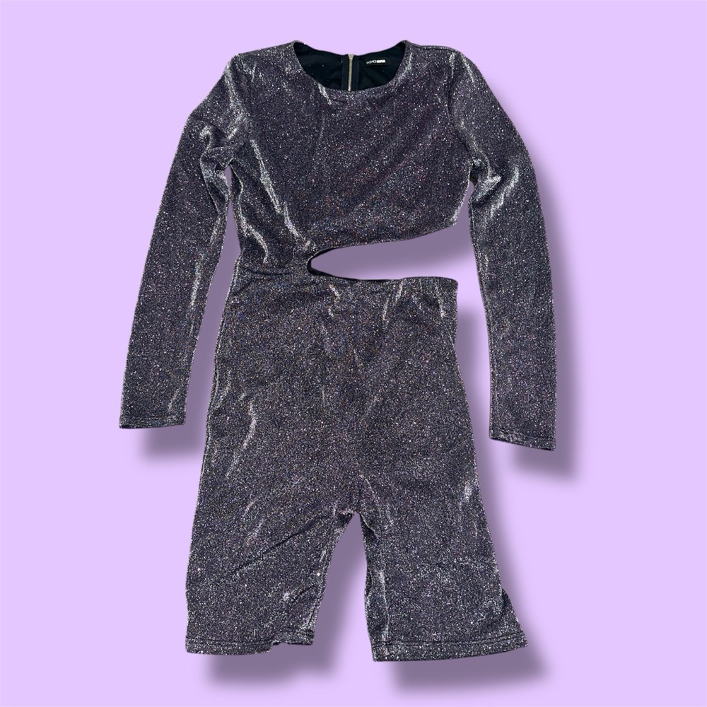 Fashion Nova Sparkle Vibes Biker Romper Metallic Purple